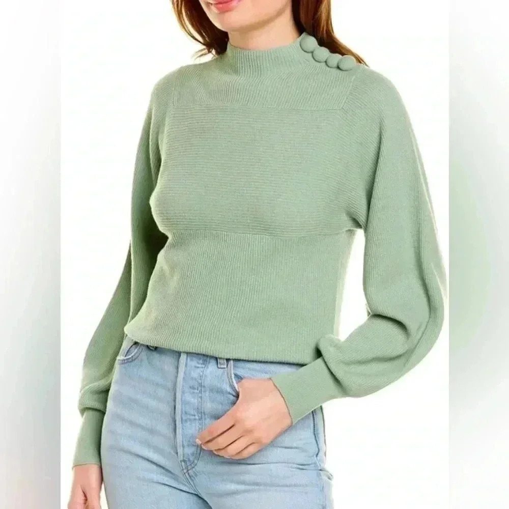 Rebecca Taylor Mint Wool Blend Mock Neck
Ribbed Balloon Sleeve Button Sweater XS